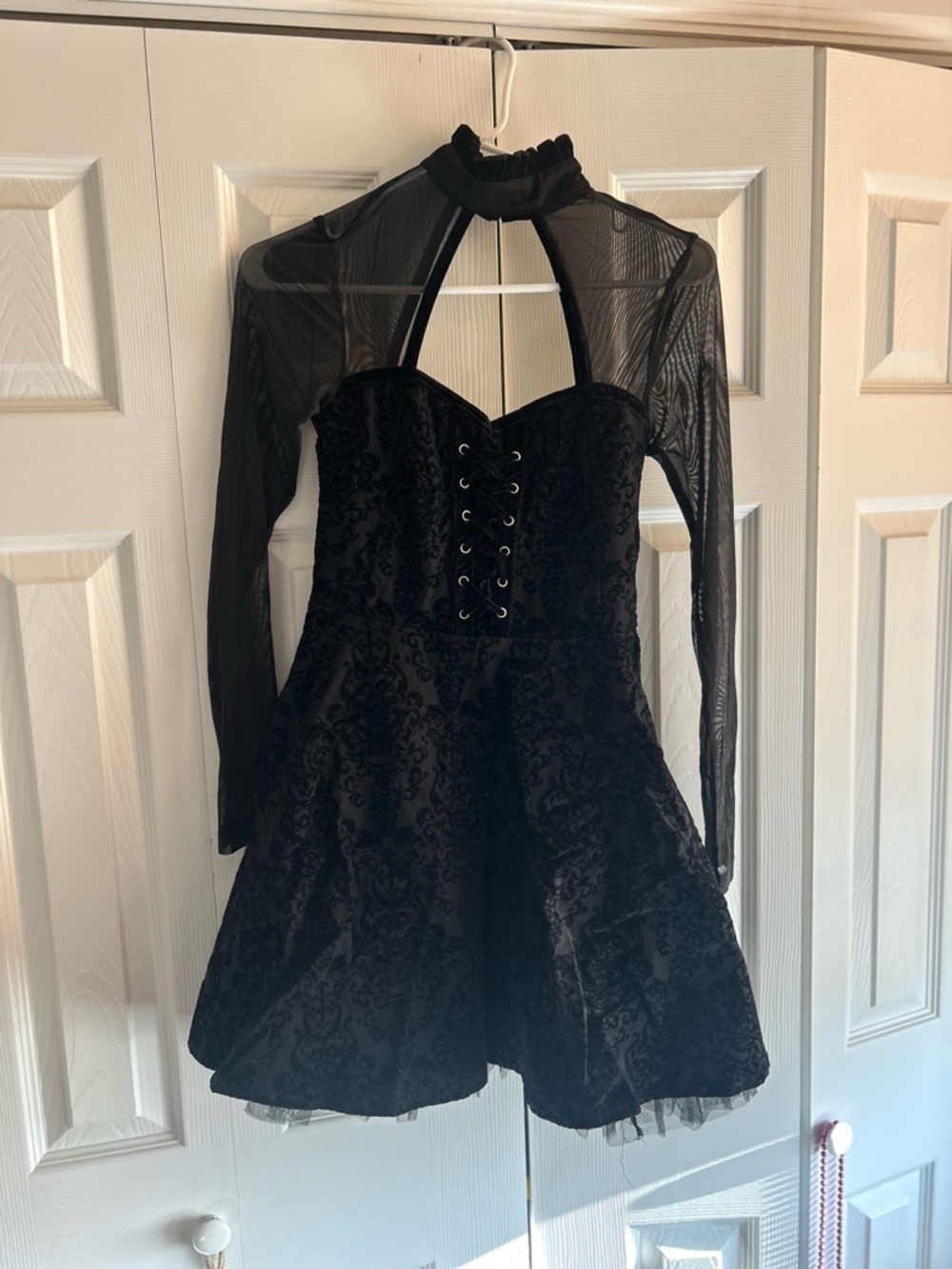 Killstar Black Velvet Lace-Up Fit & Flare Dress with Mesh Sleeves